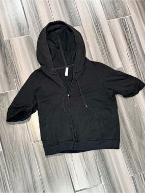 GAP Black Short Sleeve Zip-Up Hoodie with Drawstring